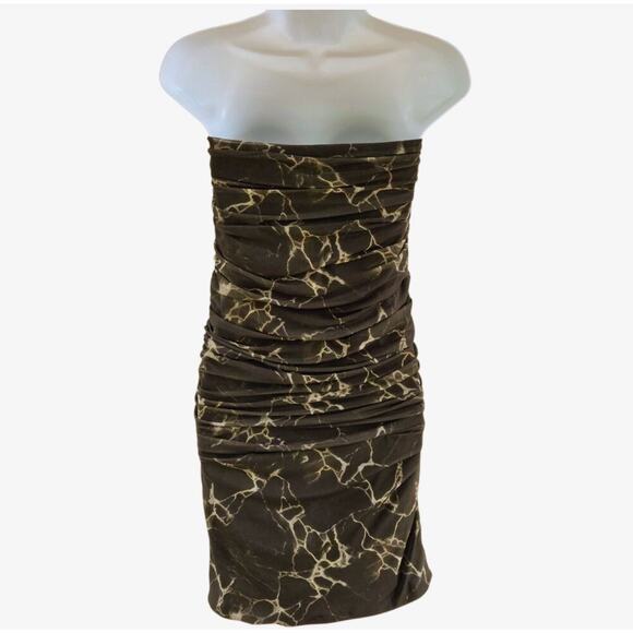 ZARA Ruched Mesh Strapless Mini Dress S Green Marble Camo Y2K Clubwear - Picture 7 of 7